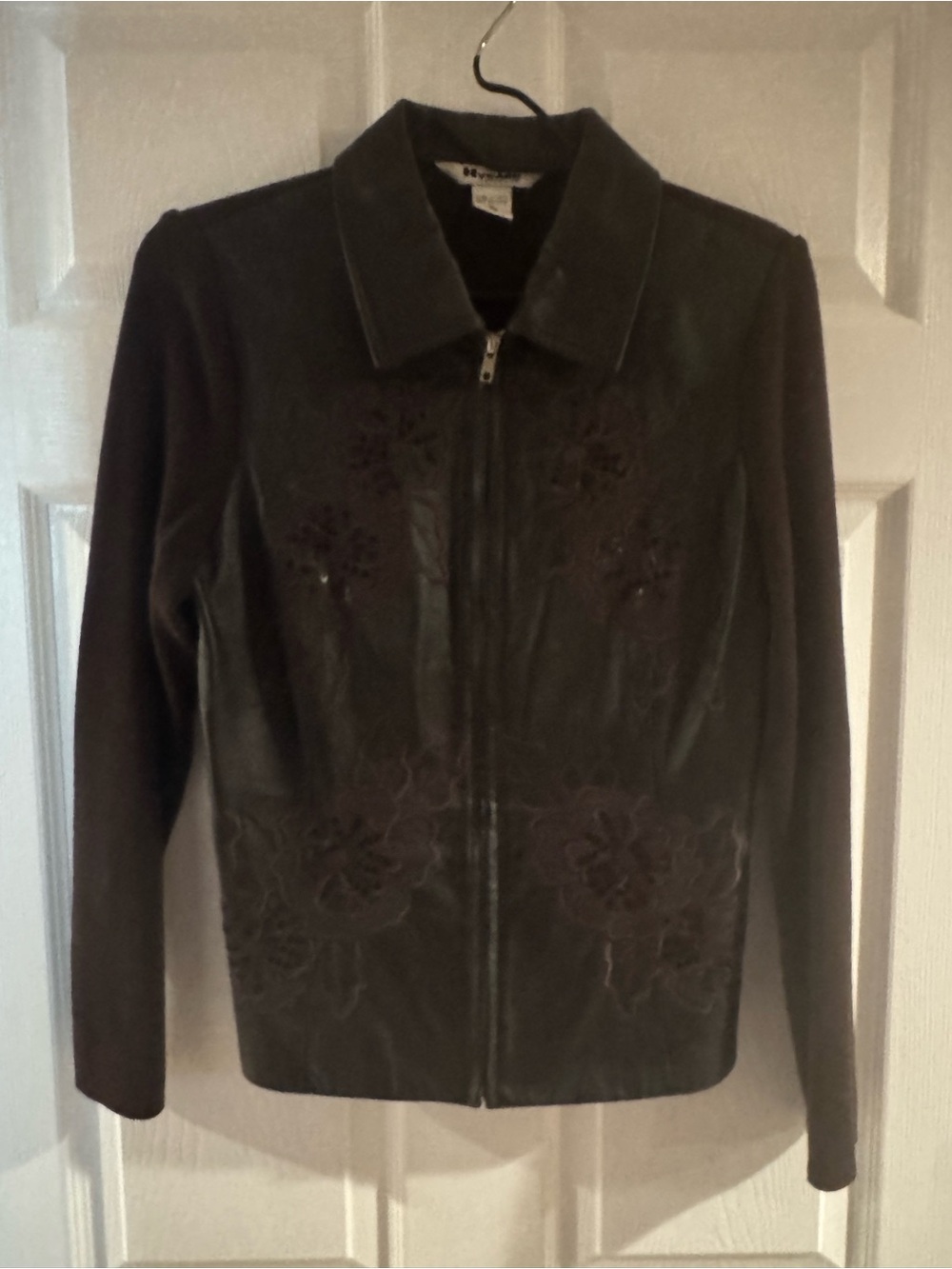 Peter Nygard Dark Brown Leather Jacket with Floral Appliqué